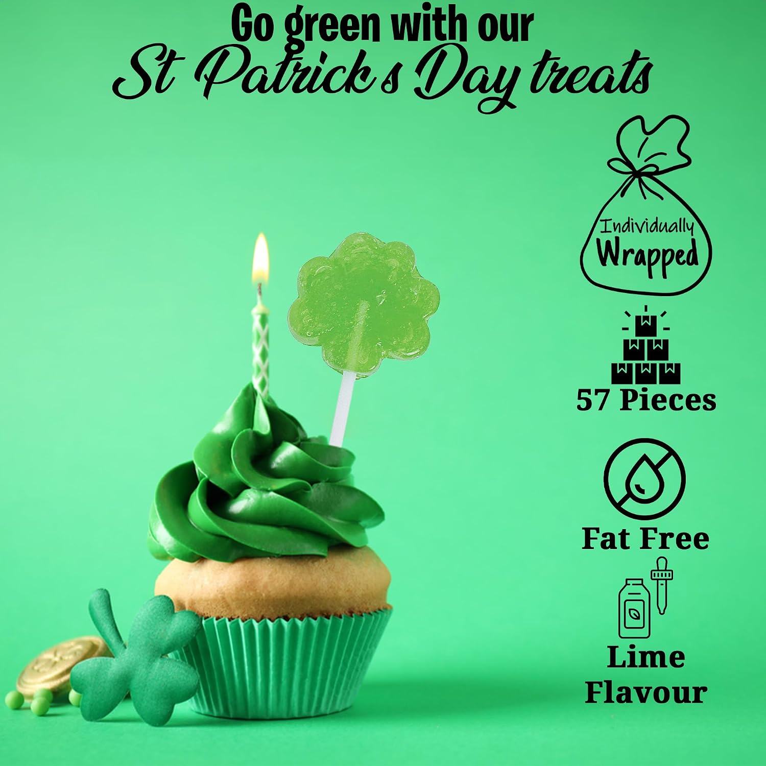 Fun Express Lollipops Bulk - 57 Green Shamrock Suckers Individually Wrapped for St Patricks Day Party Favors | Mini Lime Candy for Kids Celebrations, Irish Treats & Holiday Events | 1 lb Value Pack