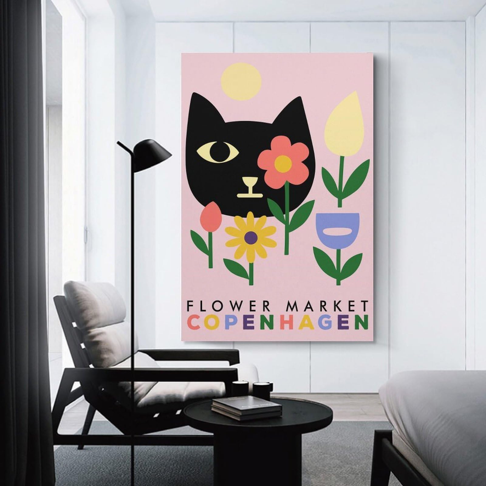 Junmoney Flower Market Copenhagen Cat Art Canvas Art Print, 24x36inch(60x90cm), for Small Homes, Bedrooms Or Open Spaces, Wall Decor with Flexible Room Appeal