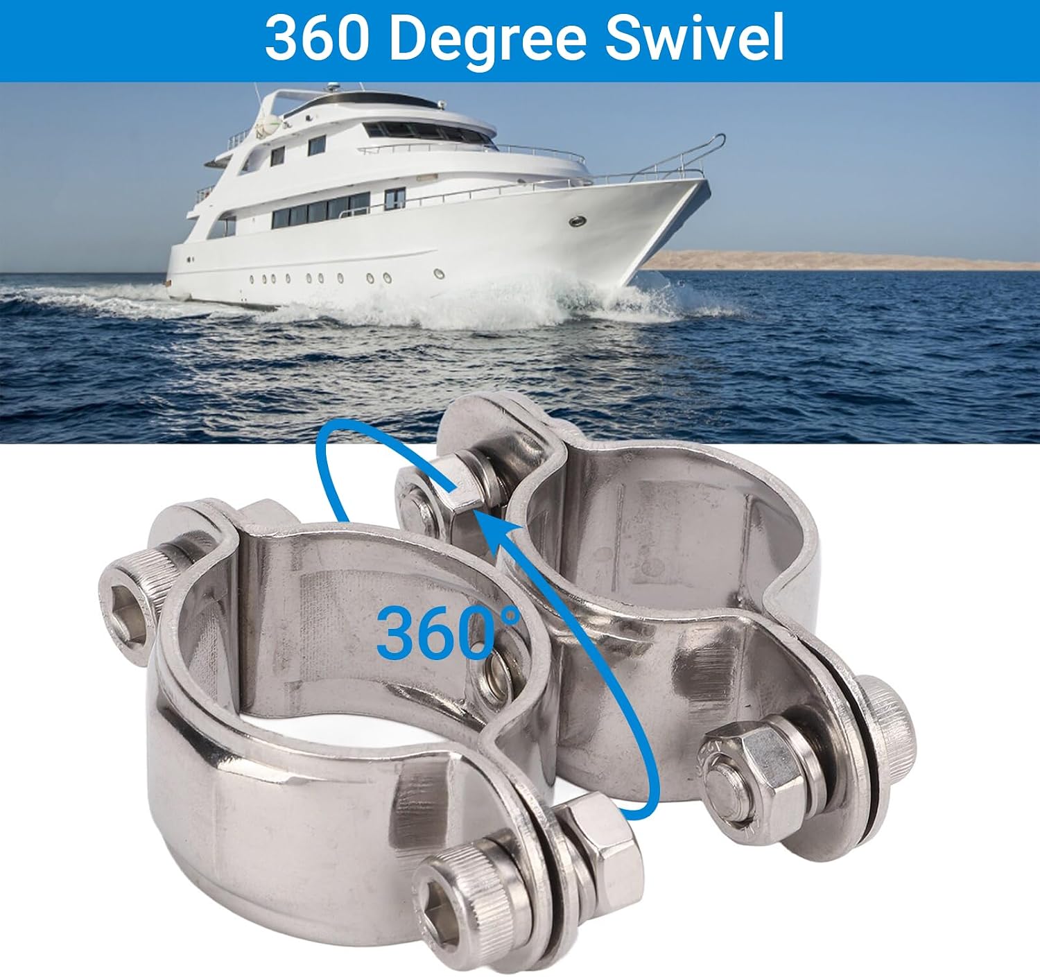 Boat Marine Dual Swivel Exhaust Band Clamp, 360 Degree Stainless Steel Butt Joint Exhaust Tube Connector, Muffler Ends Pipe Clamp for 1.1"-1.25" ID Pipes, 1 Pack