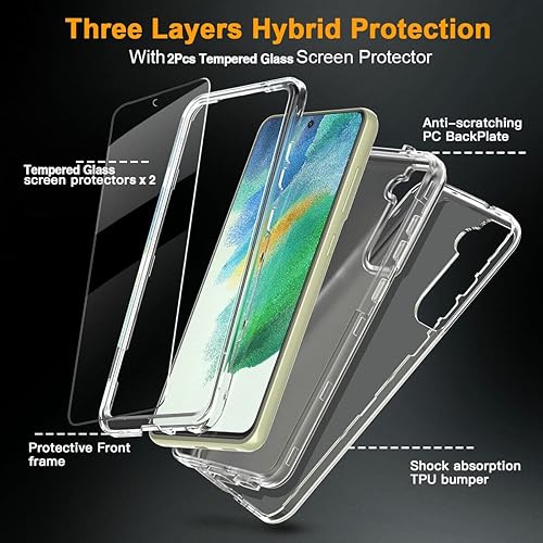 Miniatura 2 de KIOMY Funda transparente para Samsung Galaxy S21 FE 5G a prueba de golpes, carcasa rígida + parachoques de TPU flexible, 3 capas en 1 con 2 paquetes