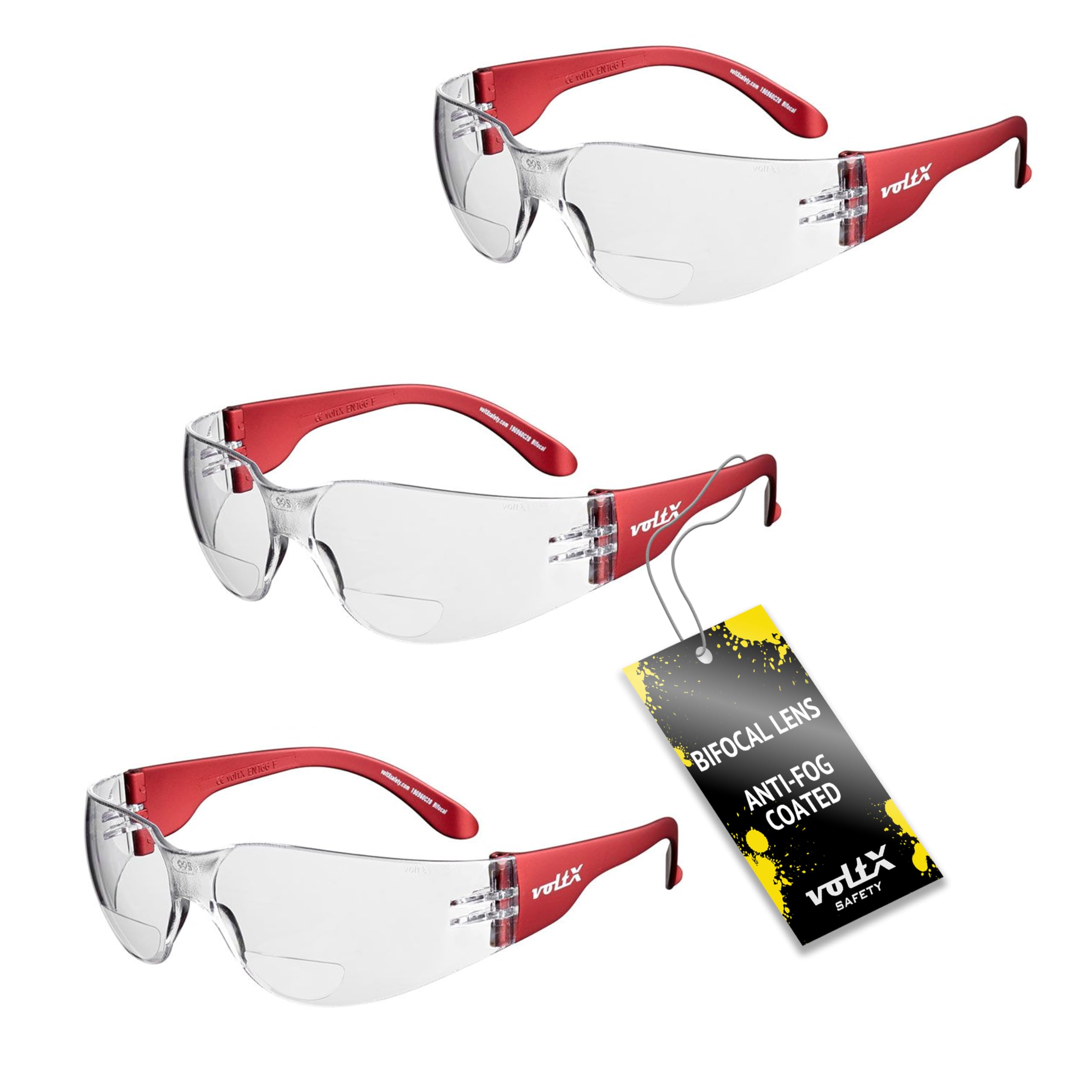 voltX 3 x GRAFTER Gafas de Seguridad de Lectura Bifocales +1,5 | Certificadas CE EN166F. 3 pares con lentes transparentes UV400 antivaho. Diseño ligero.