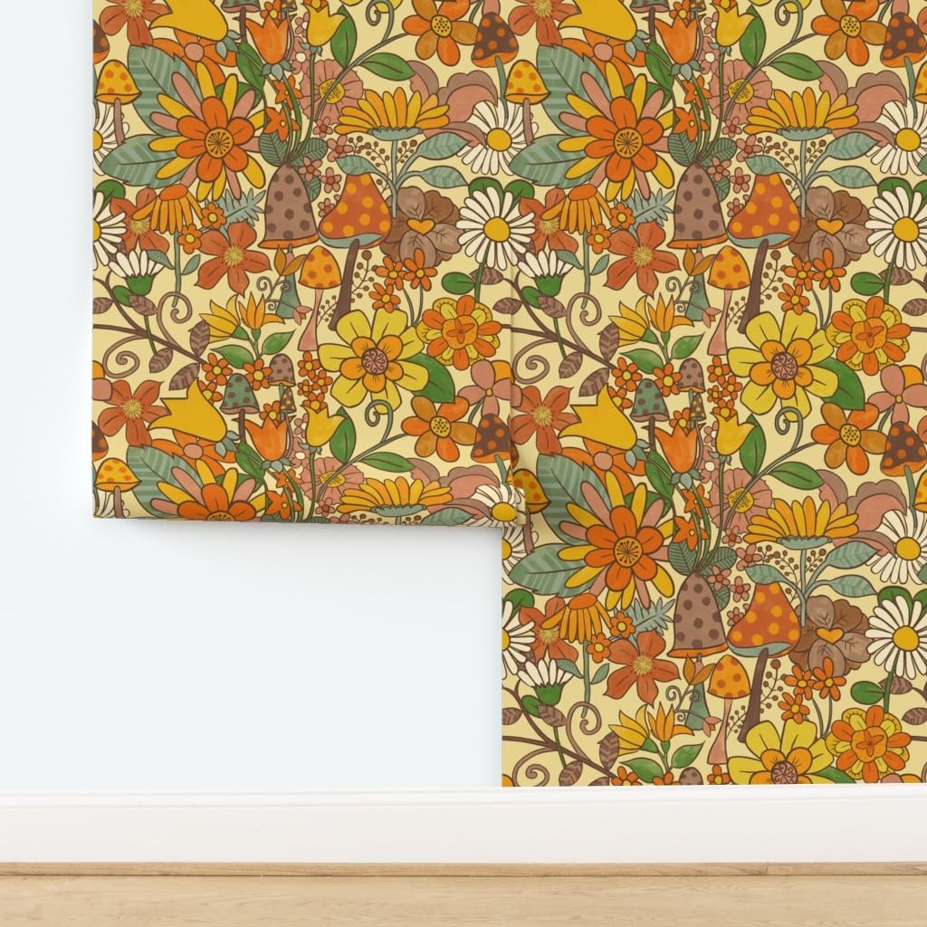 Spoonflower Removable Wallpaper 6ft x 2ft - Flowers Vintage Mushrooms Groovy Flower Power Earth Tones Custom Pre-Pasted Wallpaper