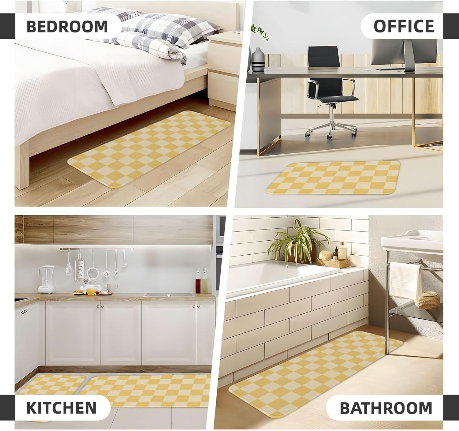 Yellow Checkered Kitchen Rugs Microfiber Floor Mats Grid Chessboard Gingham Pattern Cushioned Carpet Runner Rug for Laundry Bathroom Living Room, 2 Piece Set 17"X 47" + 17"X 30"