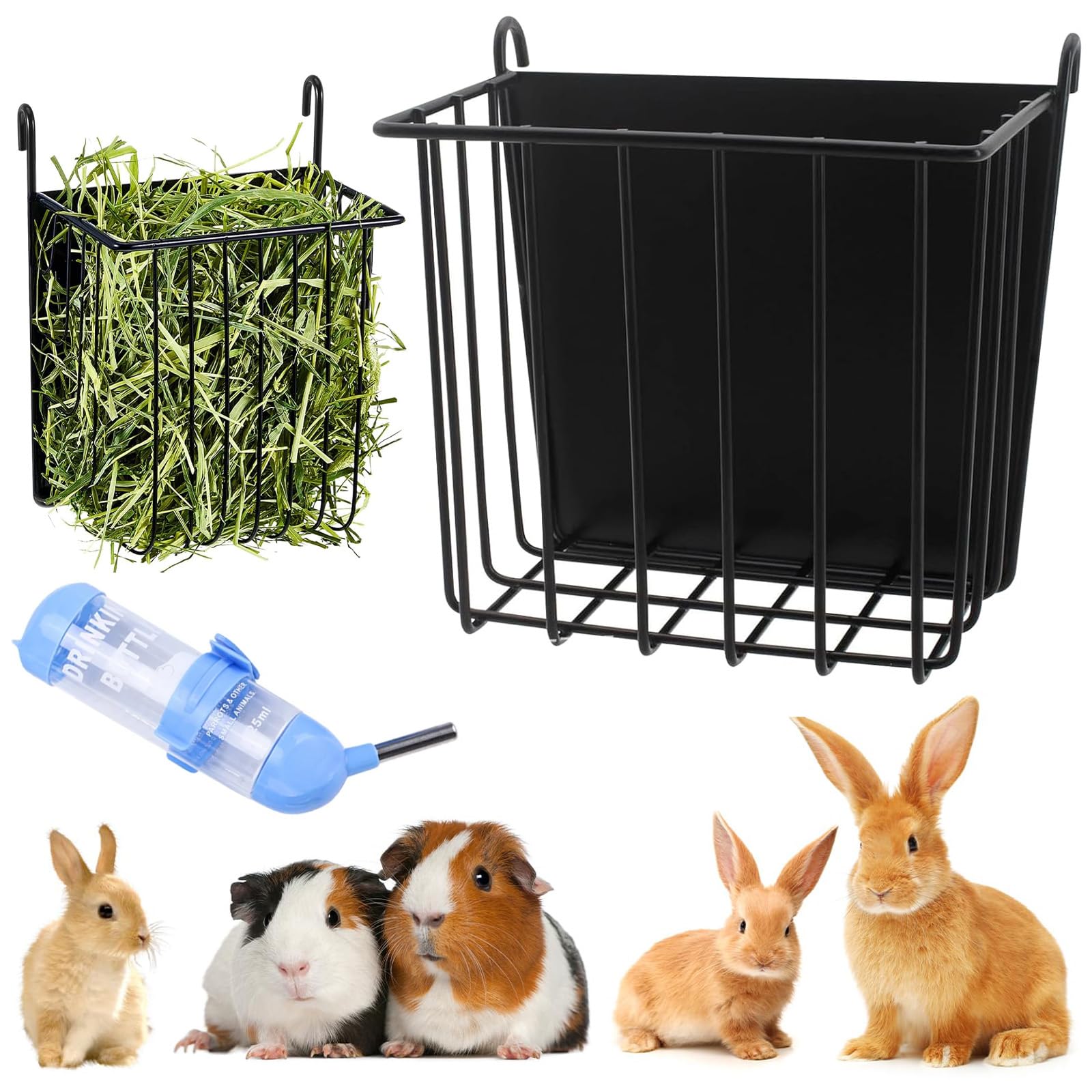 Comedero de heno para conejos, estante de heno colgante de metal con dispensador de bebidas de 125 ml, estante de almacenamiento de suministros de alimentos para mascotas pequeñas, accesorio de jaula