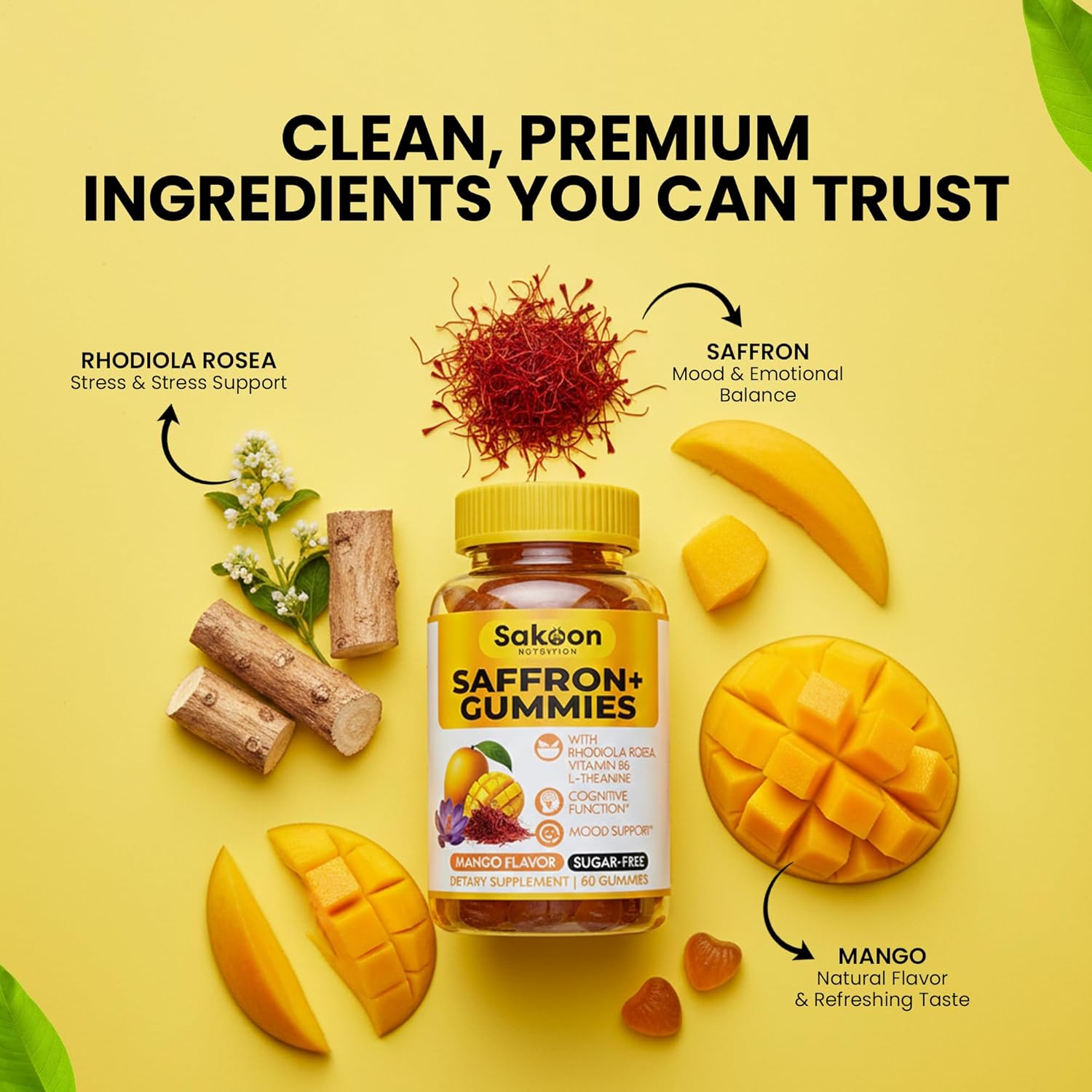 Saffron Gummies for Mood Boost & Stress Relief | Saffron Extract with 150mg Rhodiola Rosea & L-Theanine | Sugar Free Mango Flavor | Focus & Energy Supplement for Women & Men | 60 Count