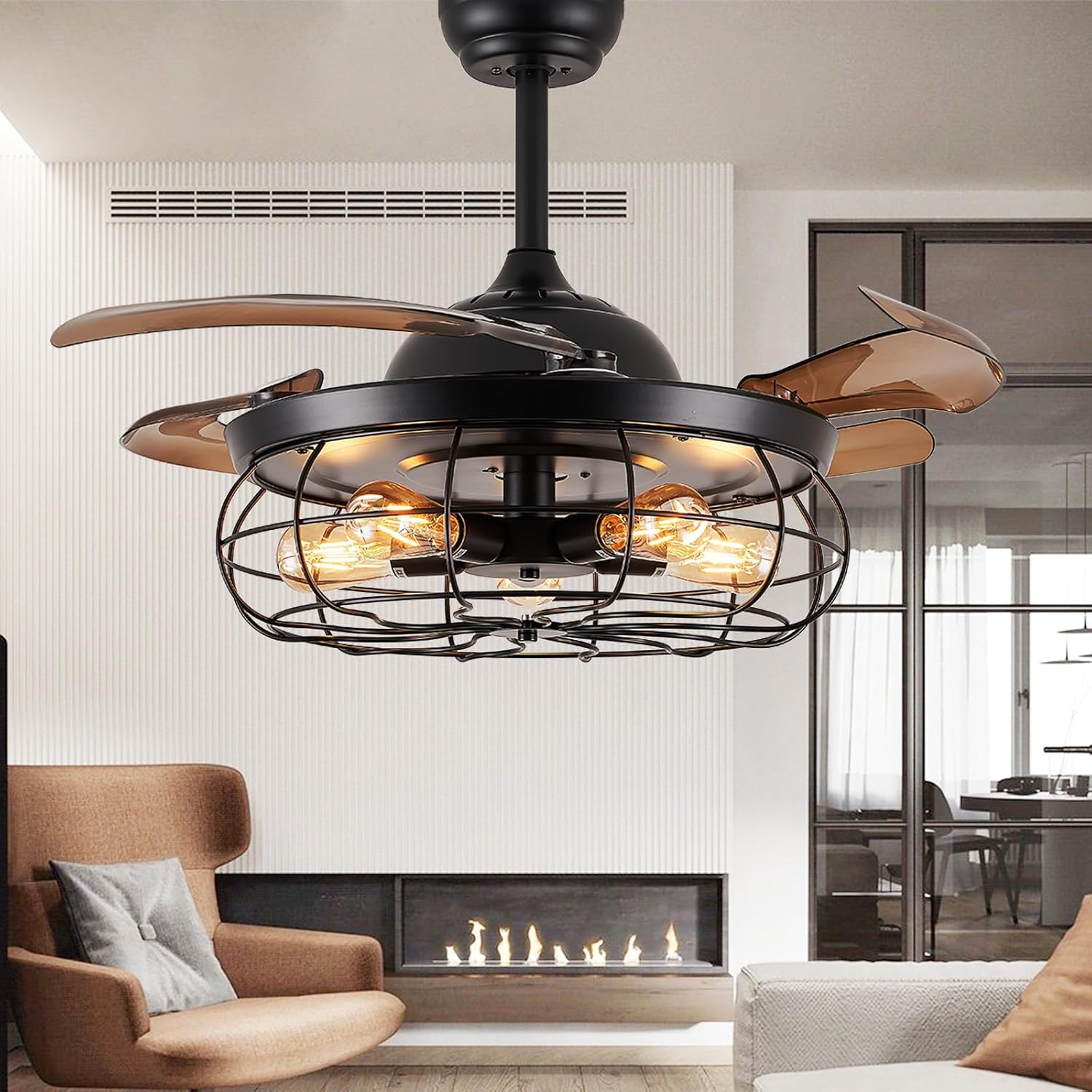 DuMaiWay 42" Industrial Retractable Ceiling Fans with Lights, Fandelier Caged Ceiling Fan with Remote Controller for Farmhouse/Living Room/Bedroom/Restaurant 5 Lights 4 Fan Blades Black