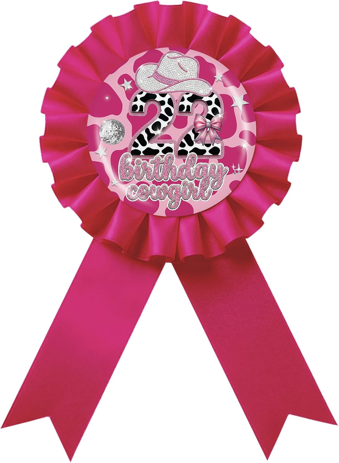 Disco Cowgirl 10th Birthday Tinplate Badge Pin, Disco Cowgirl Birthday Girl Award Ribbon Button, Hot Pink Rosette Happy Birthday Brooch Pin for Girl, Western Rodeo Themed 10th Anniversary Party Decoration