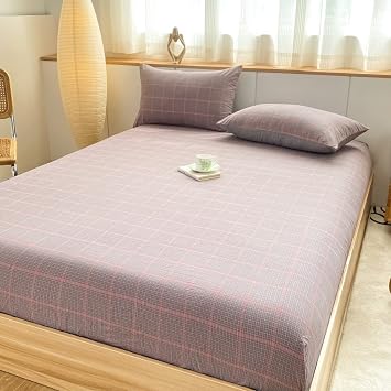 Bed Cover for Mattresses and Futons, Pure Cotton Solid Color Deep Pocket Mattress Protector, Bedroom Hotel Washed Cotton Mattress Bag Pillow Cases, Checkered, 180 x 200 cm 3 Pieces