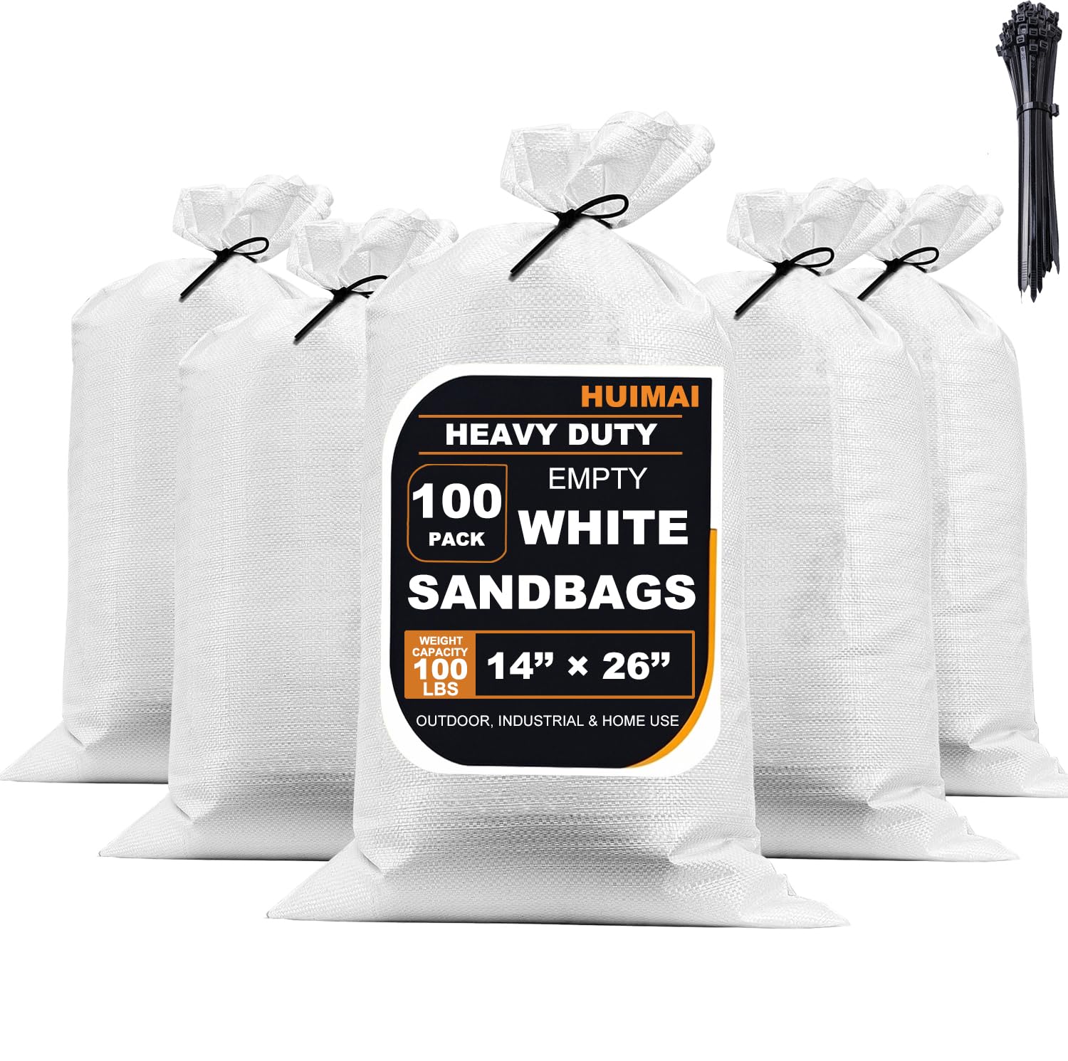 Heavy Duty Sand Bags for Flooding with Tie Strings, 100 Pack Empty Woven Polypropylene Sandbags for Hurricane Flood Control, 100 lbs Capacity, 14x26 inches, White