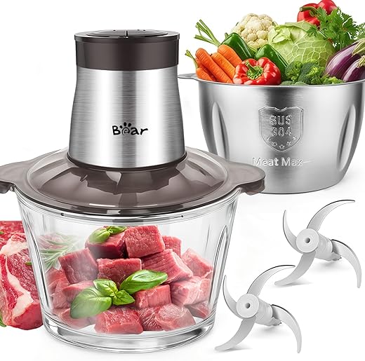 Bear 2L+1.8L 600W Electric Food Processors & Chopper with Glass Container and 304 Stainless Steel Container, 2 Speed Settings, 4 Stainless Steel Blades for Chopping Meat, Baby Food, Fruit, Vegetable