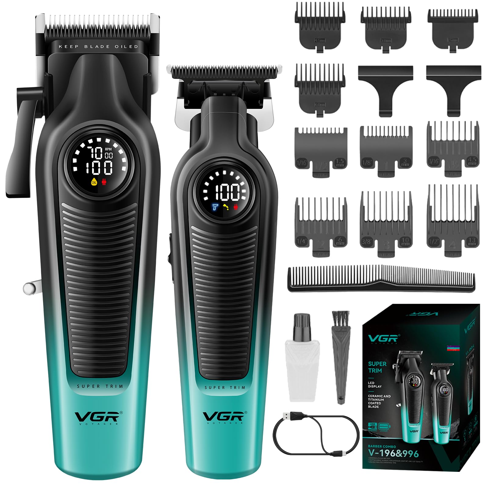 VGR 196 & 996 Set de Maquina Cortar Pelo Profesional, Kit de Maquina, Verde | Cortar Pelo Hombre Inalámbrico con Cuchillas de Cerámica Recubiertas de Titanio, Pantalla LED, 10 Peine Guías y 1 Peine