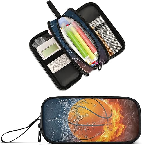 XUWU Estuche de baloncesto de gran capacidad para lápices de 3 compartimentos, estuche organizador de bolsa de maquillaje, bolsa de papelería para