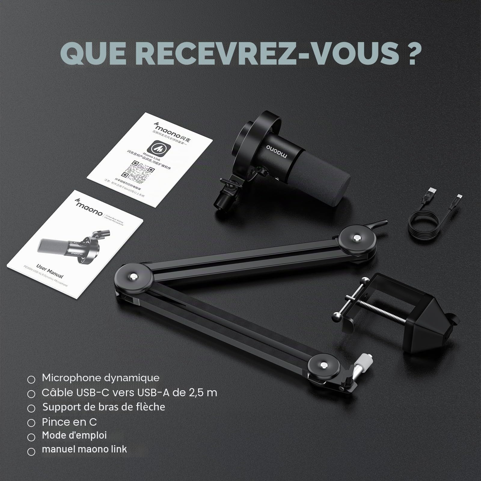 MAONO Microphone de Podcast XLR/USB, Microphone Dynamique PC avec Perche et Bouton de sourdine, Microphone Vocal pour Streaming, Studio, Jeux et Enregistrement, PD300XS