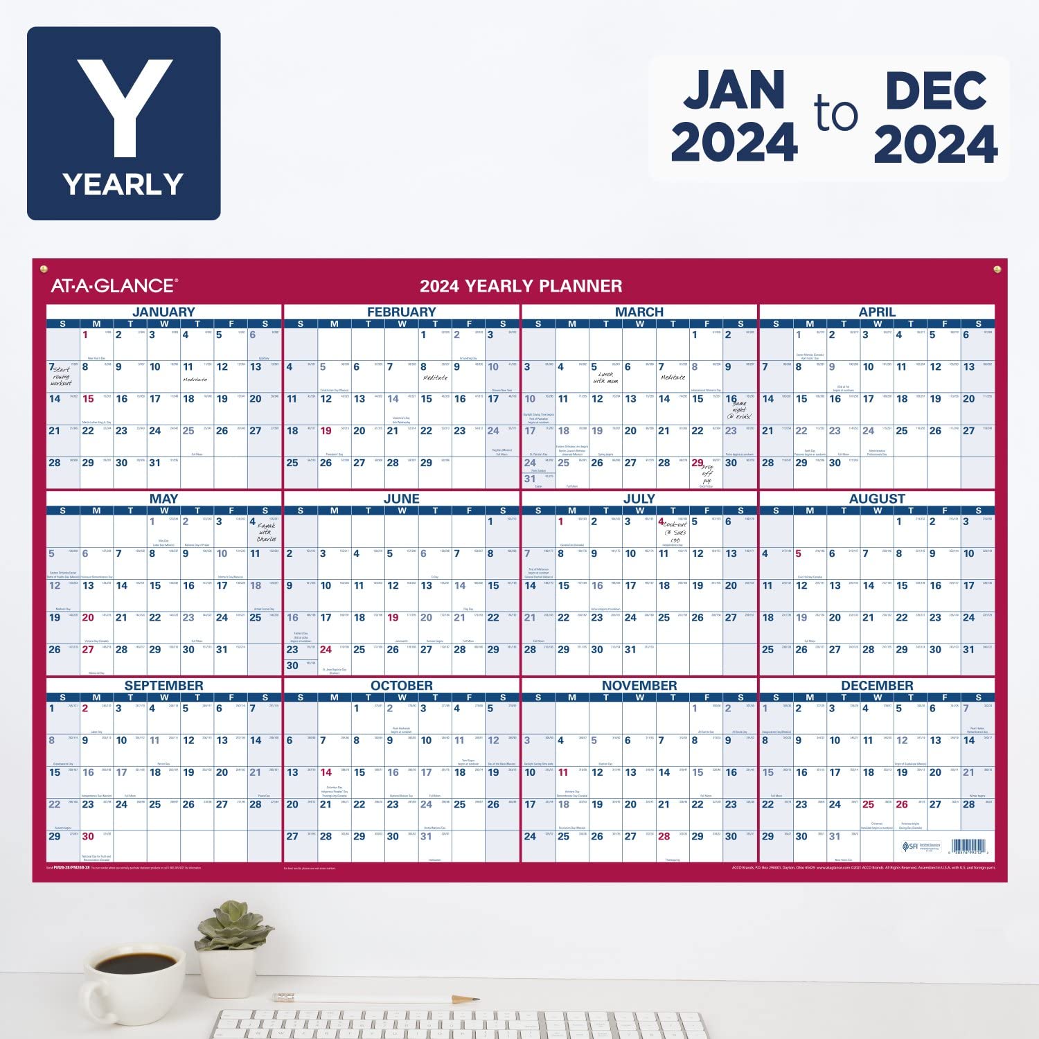 AT-A-GLANCE Calendario 2024 cancellabile, planner da parete cancellabile a secco, 91,4 x 61 cm, grande, verticale/orizzontale, reversibile, include pennarello (PM262824)