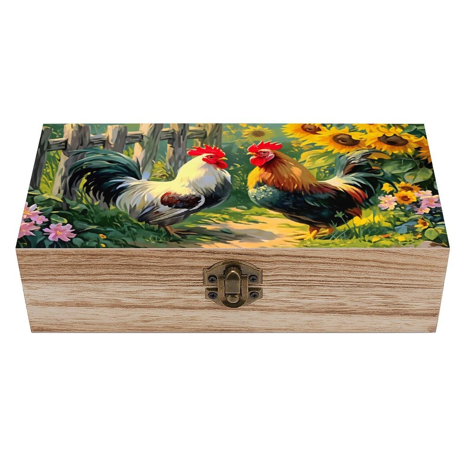 SMAZDFXX Rooster And Hen In Garden With Sunflowers Wooden Keepsake Box Vintage Solid Wood with Hinged Lid 7.9"×3.7"×2.3" Metal Latch Rustic Home Decor for Jewelry Photos And Trinkets