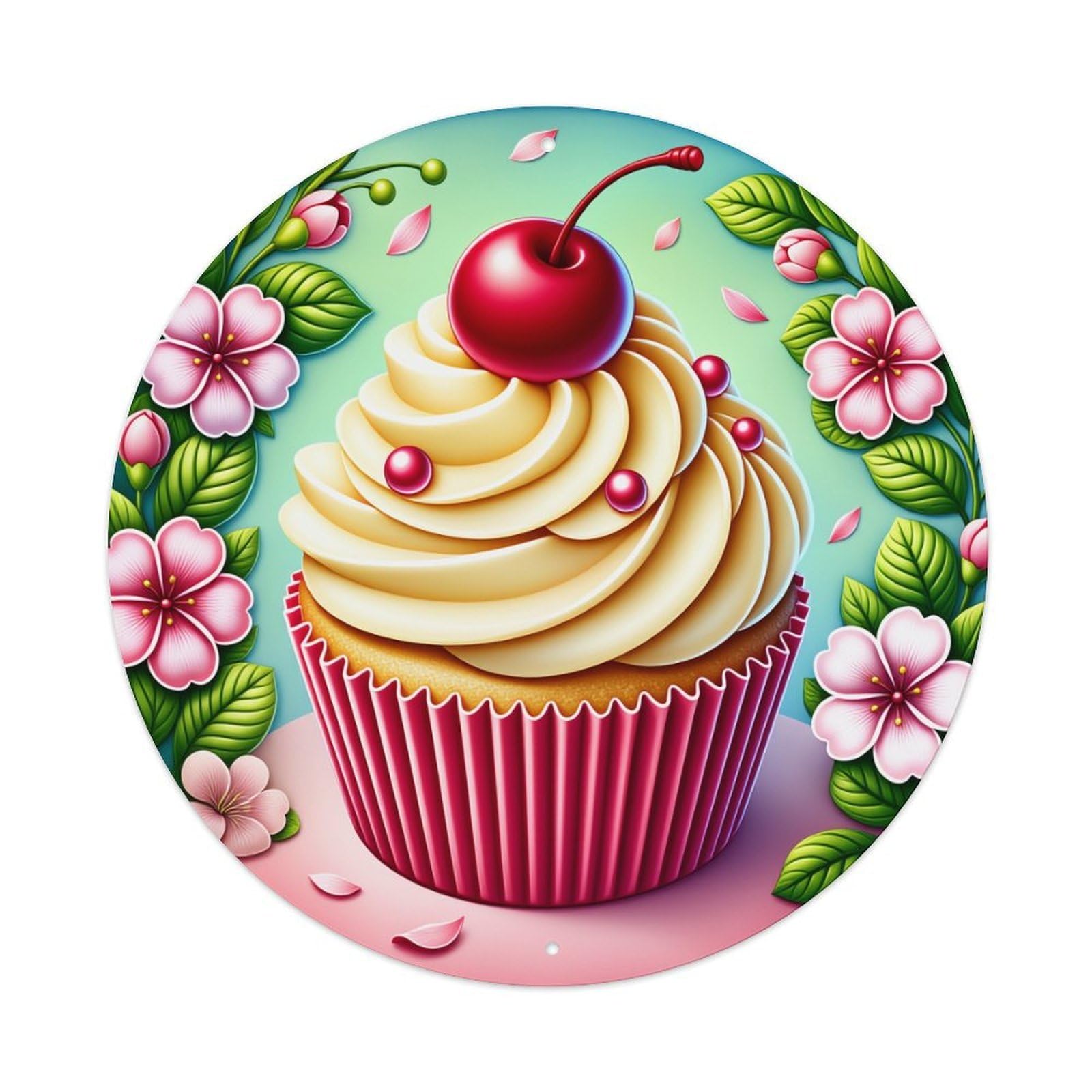 Cupcake Cherry Flowers Leaves Pink Metal Tin Sign Vintage Garden Bedroom Cafe Bar Man Cave Home Wall Decor Metal Poster 8x8 inches