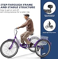 Vista 4 de Triciclos para adultos de 7 velocidades, bicicletas de 3 ruedas de 24/26 pulgadas, bicicletas de tres ruedas de crucero con canasta grande