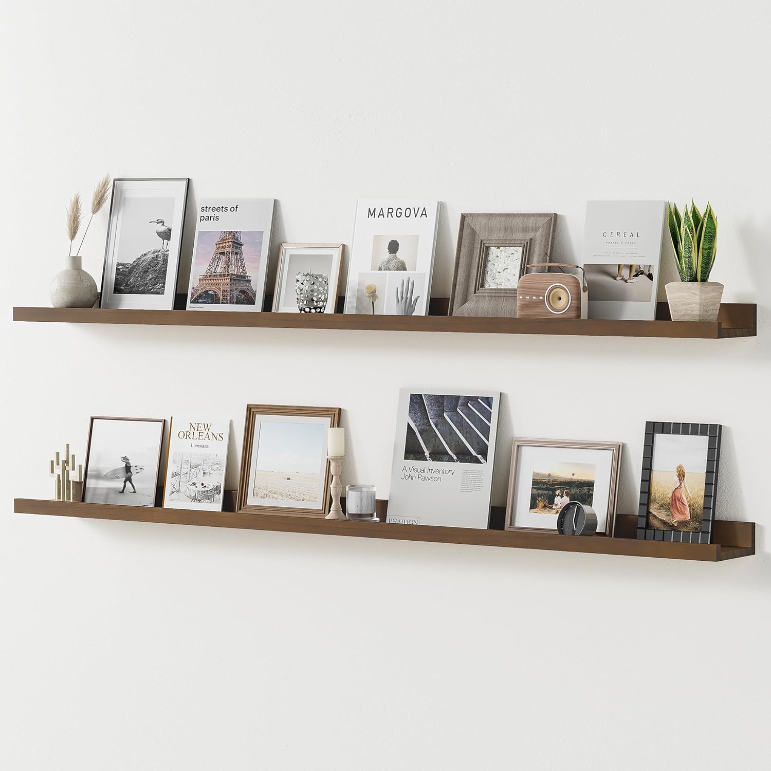 Long Floating Shelves for Wall, 55 inch Solid Wood Picture Ledge Shelf, Picture Shelf for Wall with Ledge, Floating Book Shelves for Living Room Bedroom Kitchen Nursery Decor, Walnut, Set of 2