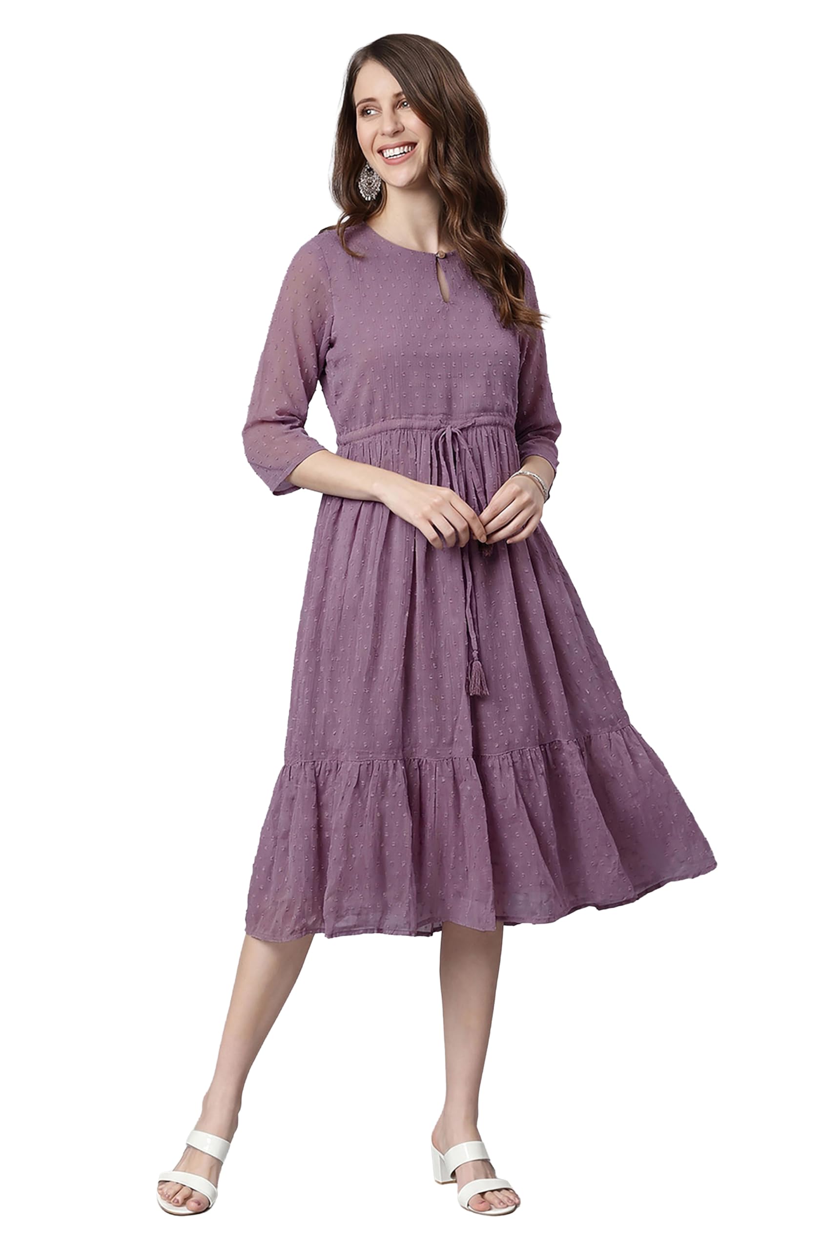 janasya Women's Lavender Dobby Chiffon Solid Fit & Flare Dress-picture-15