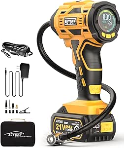 AUTDER Compressore Aria Portatile Senza Fili 180 PSI, Gonfiatore Pneumatici per Auto, Moto e Bicicletta con Manometro LCD, Luce LED, Batteria 21V Ricaricabile e Alimentazione 12V DC - Giallo