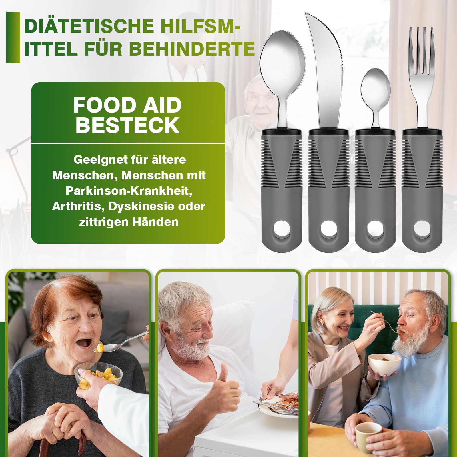 Parkinson zestaw sztućców dla seniorów, bardzo szerokie uchwyty, pomoc z nożem, widelcem, łyżką, dla osób niepełnosprawnych, zapalenia stawów, osób starszych, Parkinsona, kolor szary