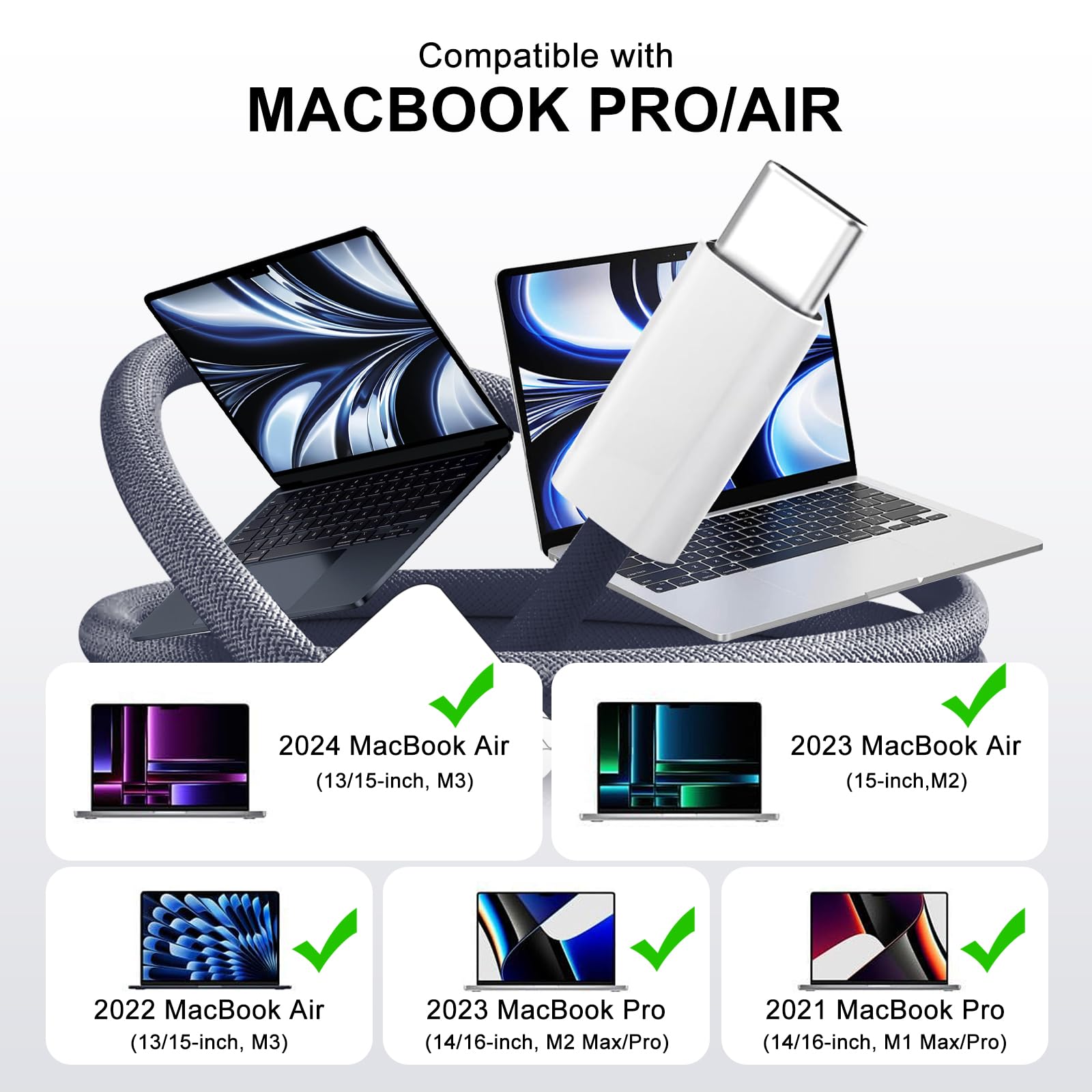 Câble USB C vers MagSafe 3 Charge Rapide 140 W avec LED Compatible MacBook Pro M1 2021/M2 2023 M3/M3 Pro/M3 Max 2025 Bleu