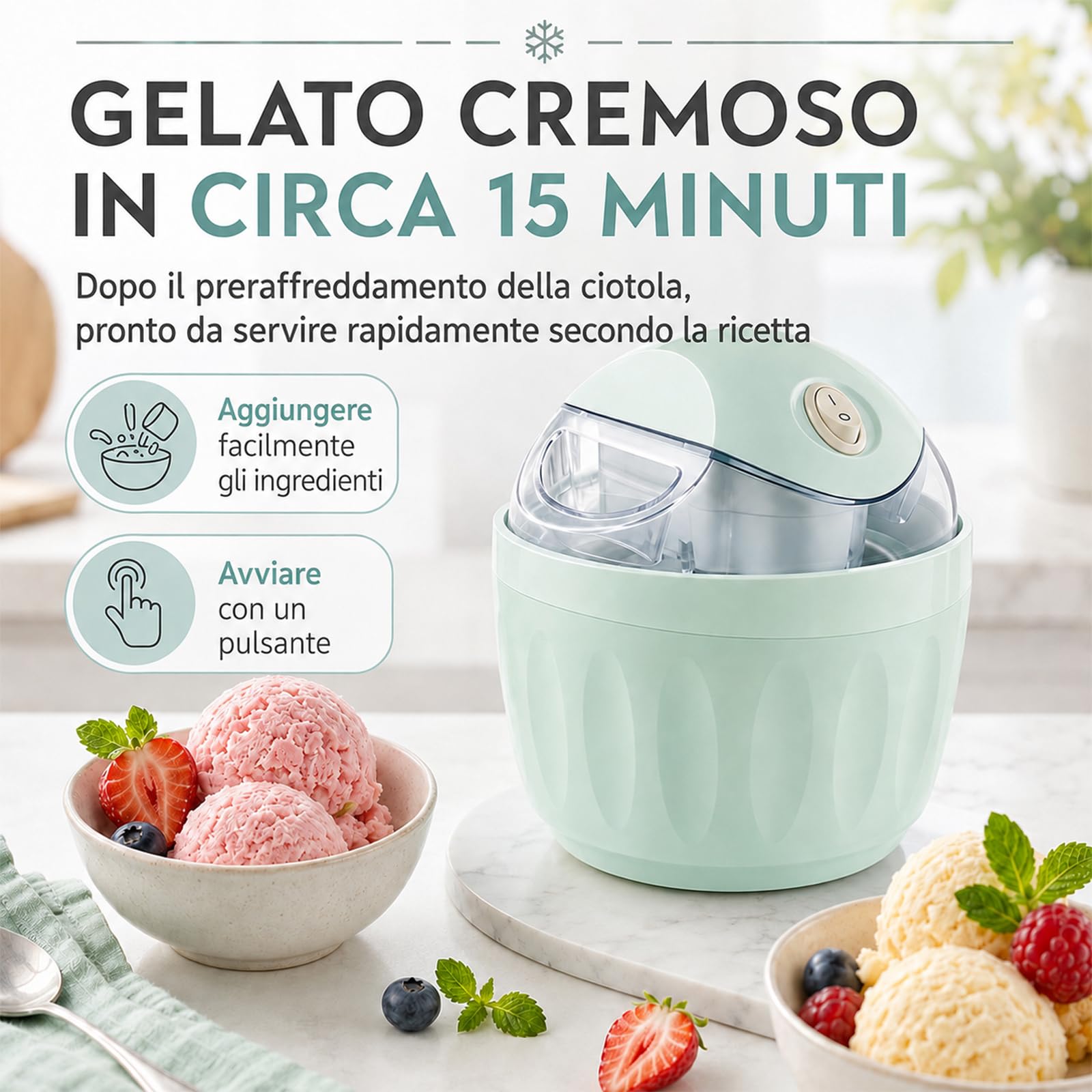 Mini Gelatiera per Casa, Mini Macchina per Gelato e Sorbetto，Azzurro chiaro
