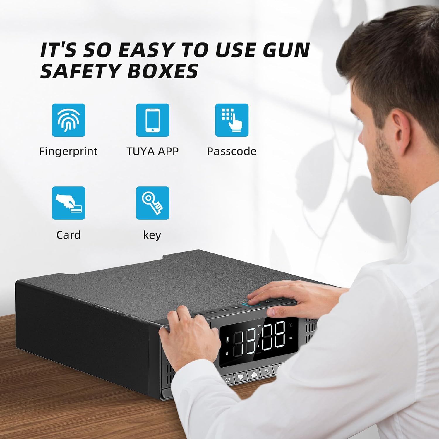 Fingerprint Biometric Gun Safe, Drawer Safe for Hand guns with 5-Ways to Unlock, Store Cash and Valuables Securely- with Humidity |Temperature| Alarm Clock| Time