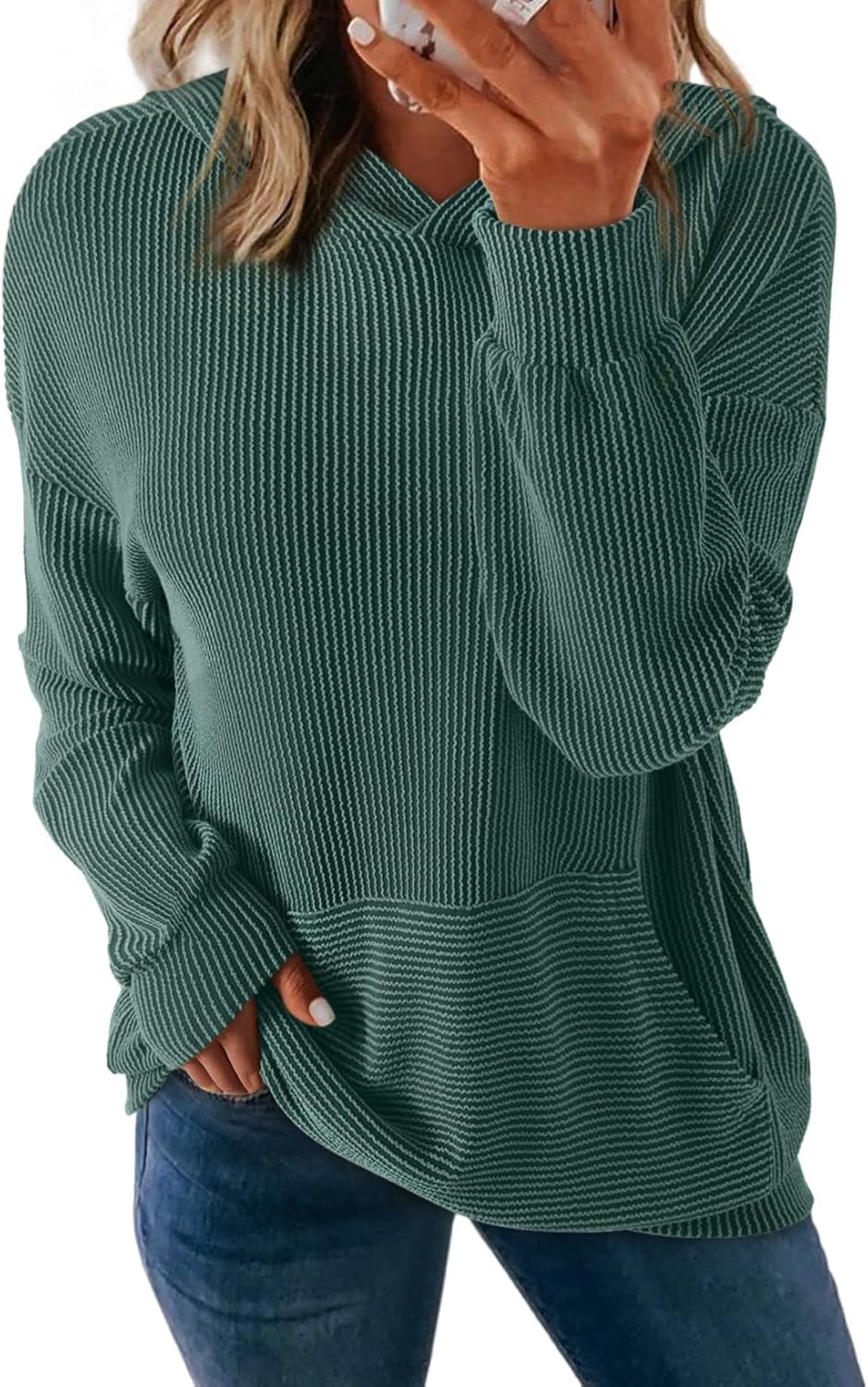 Dokotoo Hoodies for Women Casual Oversized Hoodie Long Sleeve Sweatshirt Solid Pullover Ribbed Knit Tops - Image 5