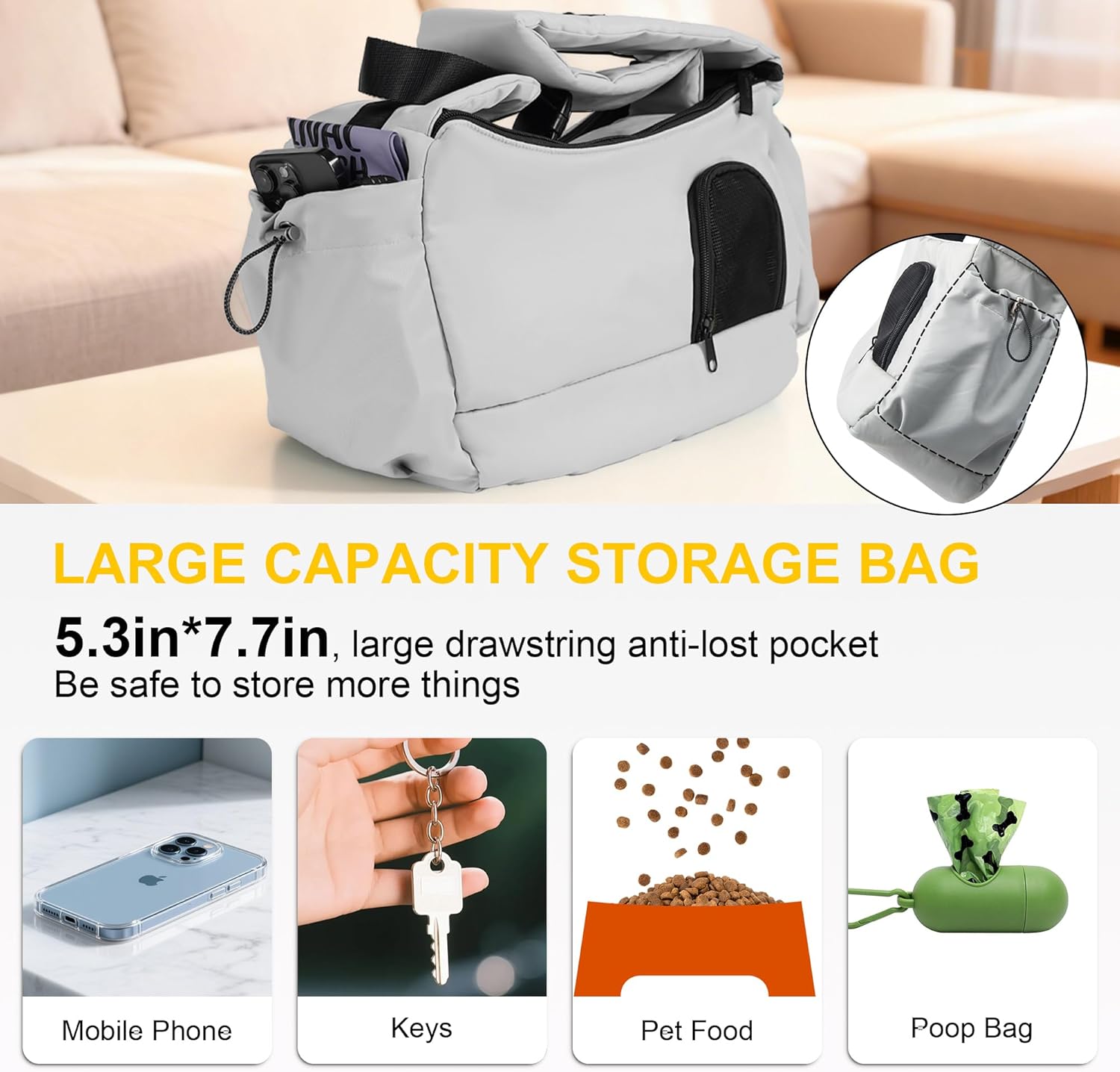 Dog Carrier Sling for Small Dogs & Cats Hand-Free Puppy Sling Purses with Storage Bag and Adjustable Shoulder Strap, Pet Sling Carrier Up to 8.8 Lbs (Grey)