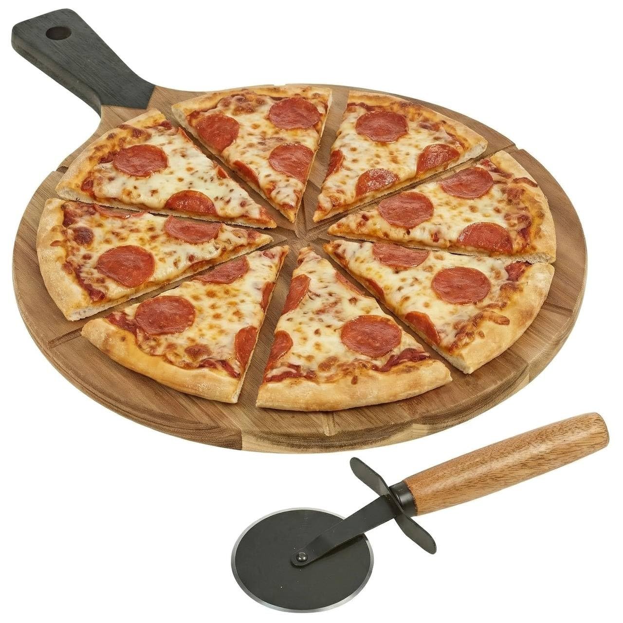 URBNLIVING Acacia Wood Pizza Board Set with Cutter, 18-Inch Wooden Pizza Serving Board, Durable Round Pizza Tray for Cutting, Serving Cheese, Bread & Snacks, Rustic Kitchen Platter