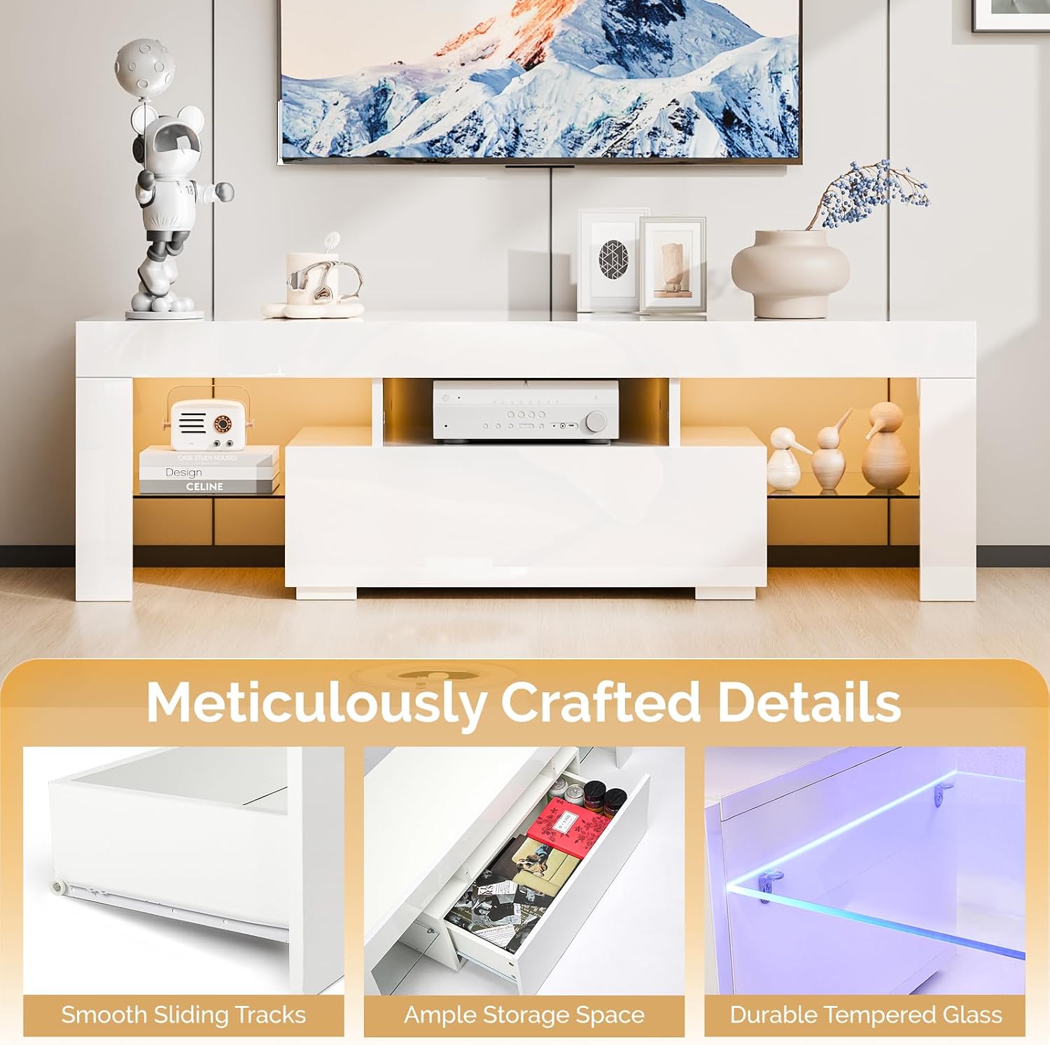 VINGLI 51'' LED TV Stand, High Glossy Modern Entertainment Center with LED Lights and Storage for 40/43/50/55 Inch TV (White, 51'' x 14'' x 18'')