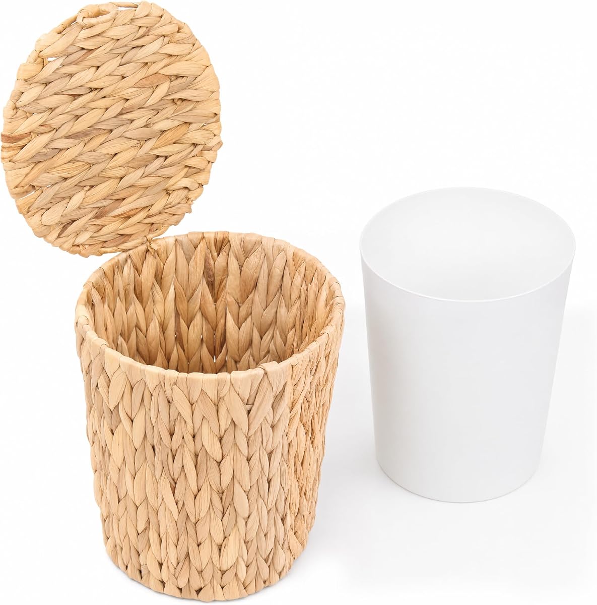 4 Gallon Rattan Trash Can with Lid, 9.84" x 11.02" Wicker Waste Basket | Natural Water Hyacinth Decorative Garbage Can with Removable Liner for Bathroom, Bedroom, Home Office and Small Spaces