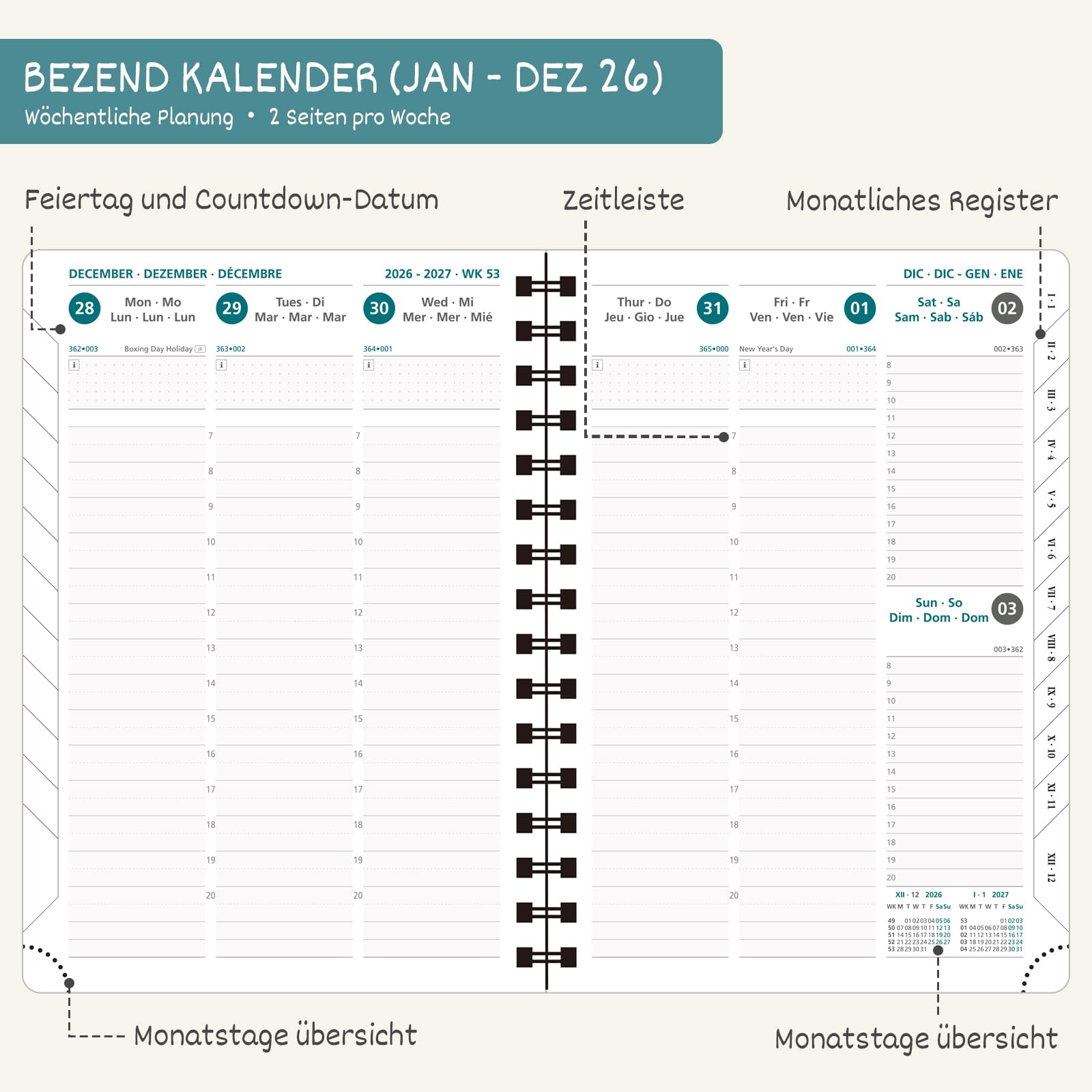 BEZEND Kalender 2025 2026 Weekplanner A5,18-maanden Juli 25 - Dec 26