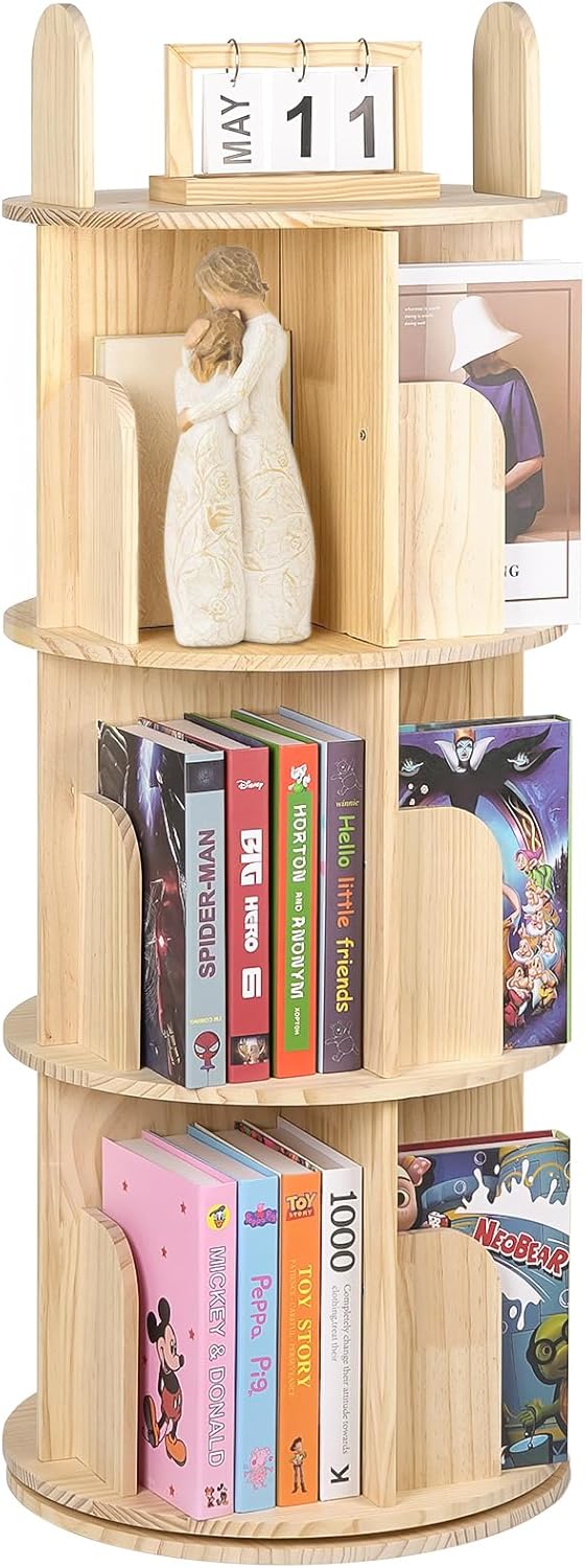 Kryonix Rotating Bookshelf for Kids, Solid Pine Wood Spinning Bookshelf Tower 3 Tier, 360° Revolving Bookcase, Multi-Functiona Corner Round Turning Book Shelf Organizer for Small Spaces