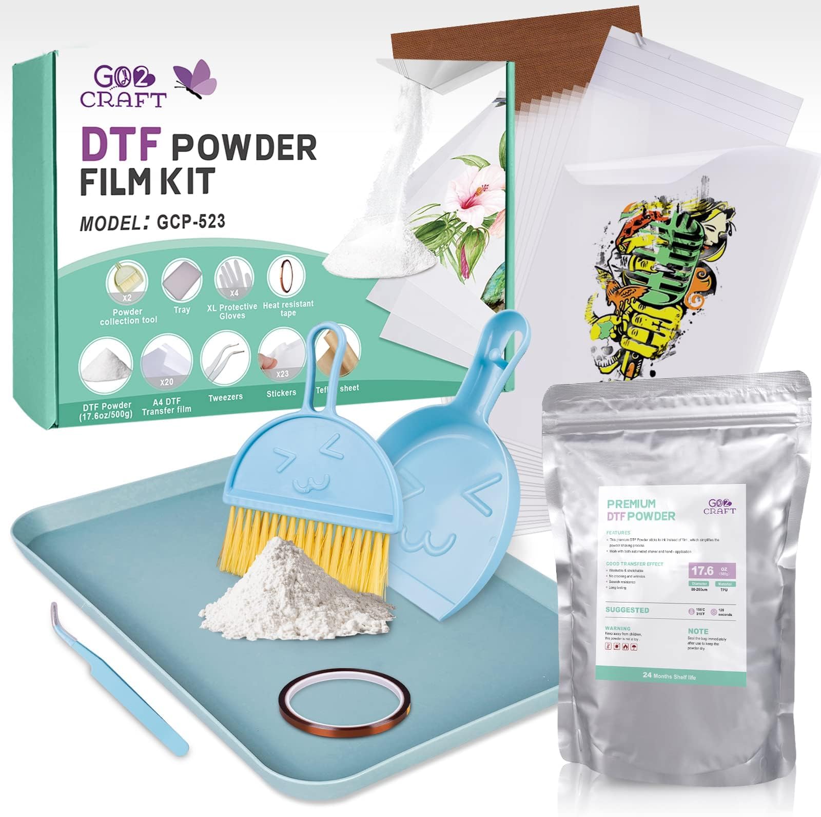 Hot Melt Powder and DTF Transfer Flim Kit, 20Pcs DTF Film for DTF Sublimation Printer, 17.6oz/500g White Digital Hot Melt Powder, Washable & Durable DTF Transfer Starter Kit for T-Shirt,Gifts