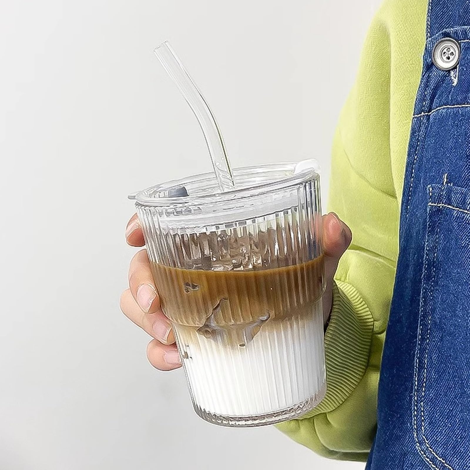 Szklanki do picia z pokrywką i słomką, zestaw 6 szklanek do picia, 400 ml, szklanki do herbaty, smoothie, kubki do kawy, kubki szklane, kubki do kawy mrożonej, szklanki do picia ze słomką do soku,