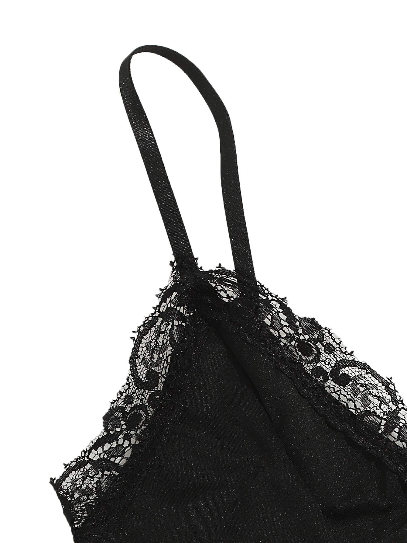 SweatyRocks Women's Lace Trim Underwear Lingerie Sets Sexy V Neck Bra and Panty Set Pajama Sets: Small Solid Black