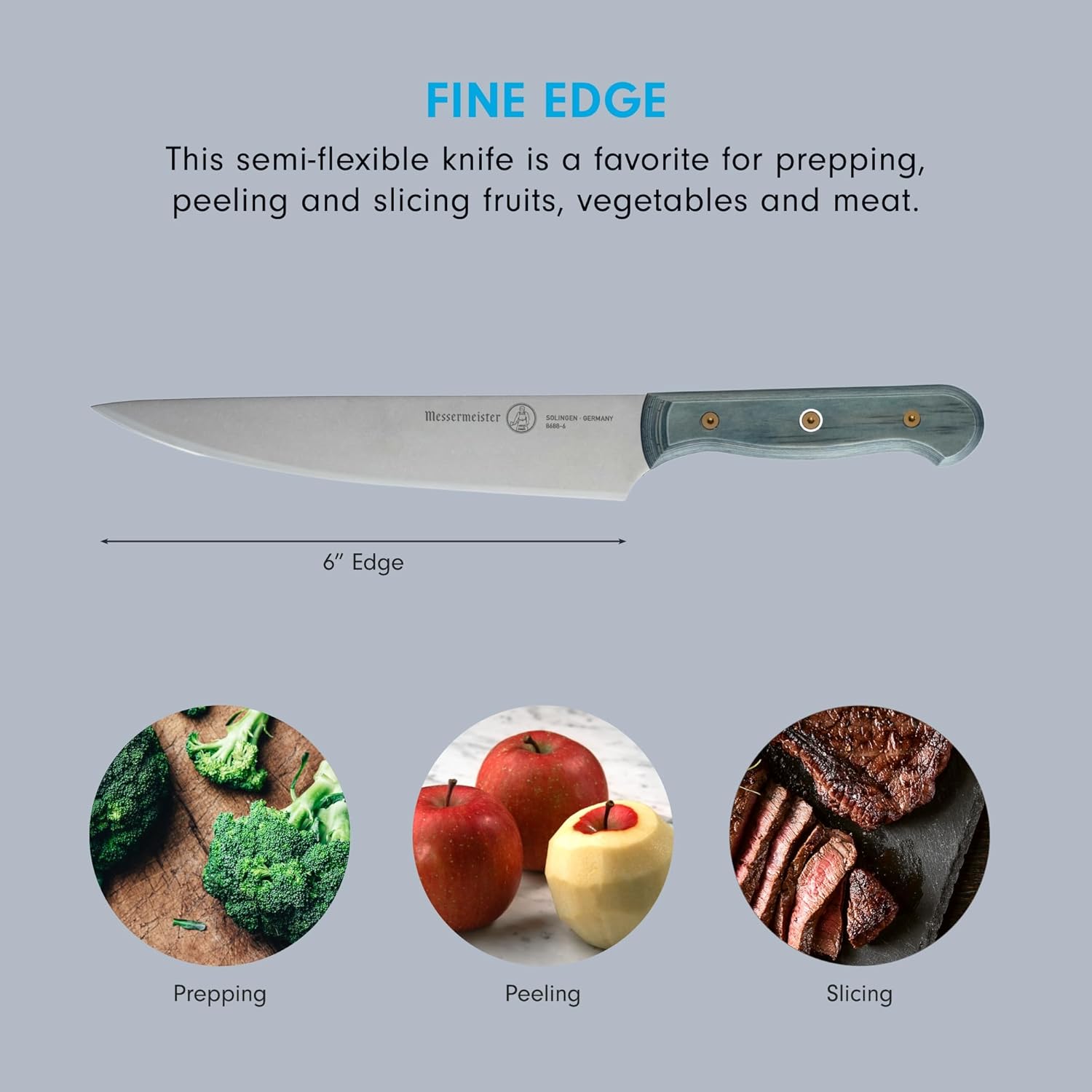 Messermeister Custom 6” Semi-Flexible Utility Knife, Indigo Blue - X50 German Stainless Steel - Rust Resistant & Easy to Maintain - Made in Solingen, Germany