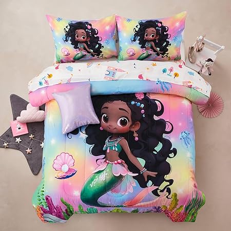 A Nice Night 6pcs Comforter Set,Black Girl Princess Mermaid with Green ...