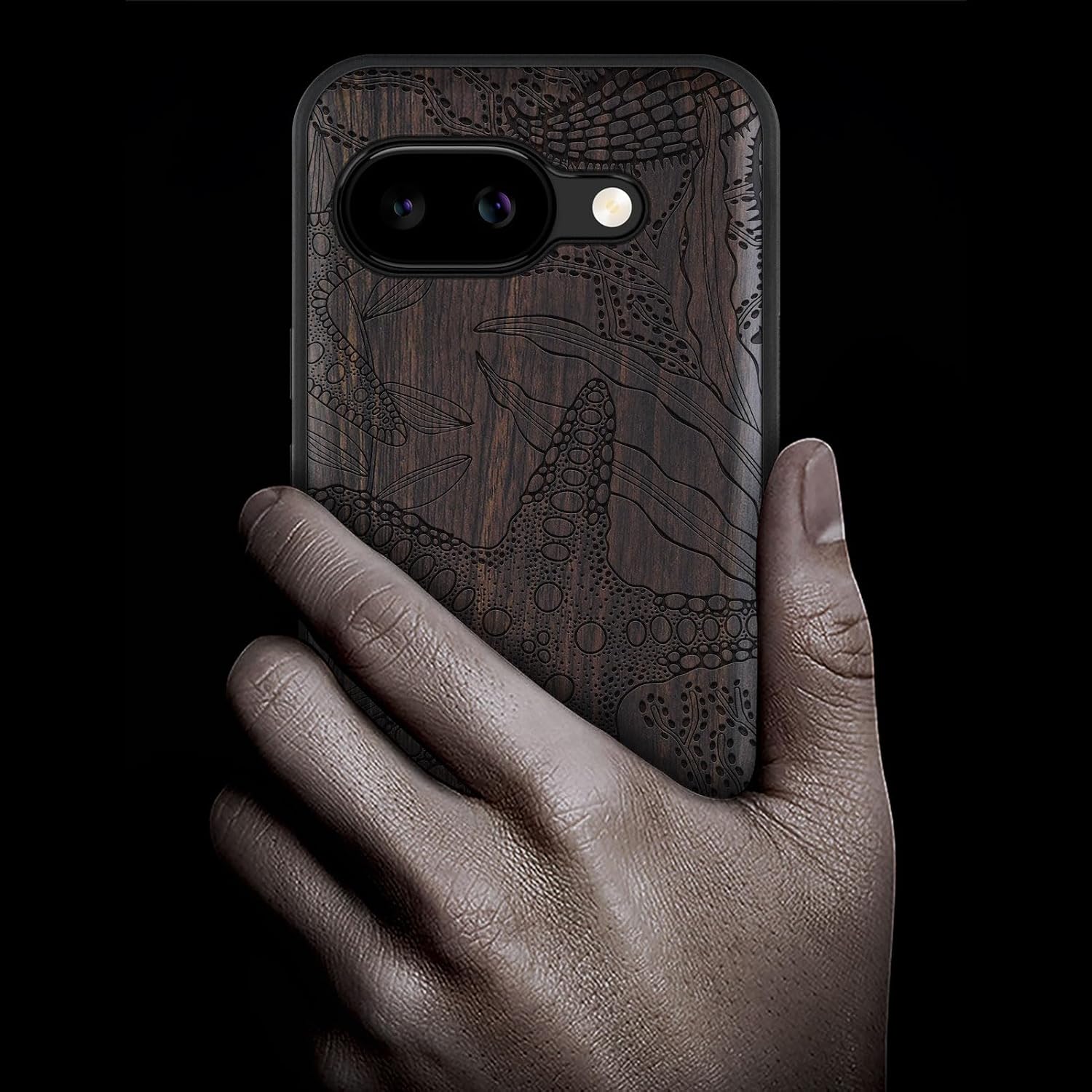 Carveit Magnetic Wooden Case for Google Pixel 9a Case, Wood Artisan Engraved & Soft TPU Shockproof Cover, Compatible with MagSafe Wireless Chargers (Underwater Oasis) Blackwood