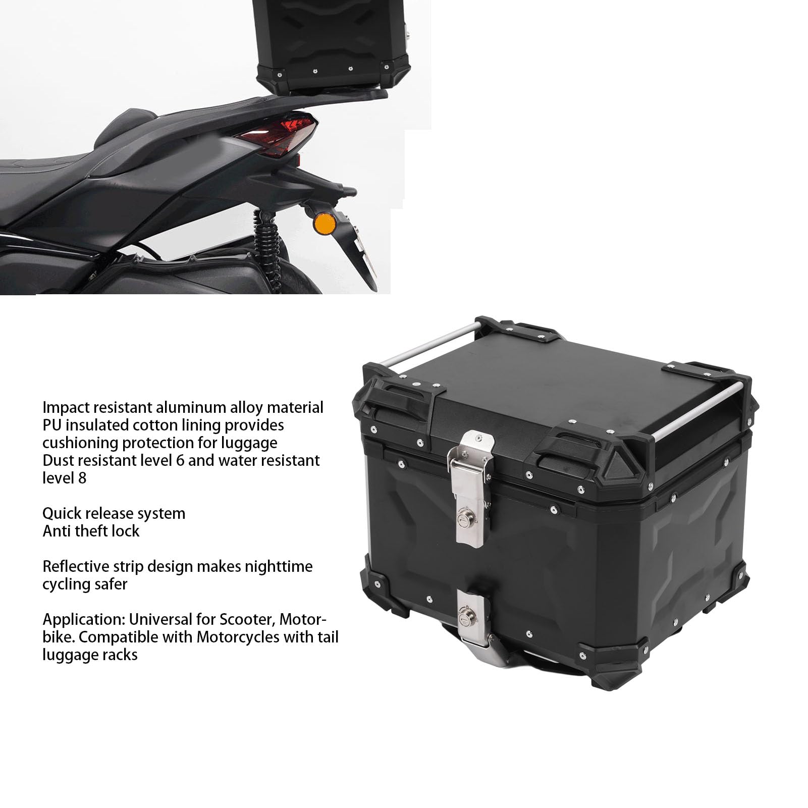 Kufer na Kufer Motocyklowy Top Case ze Stopu Aluminium 45L Szybko Otwierany, Zamykany, Wodoodporny Schowek z Tyłu dla Motocyklistów na Skuterach z Tylnymi Bagażnikami