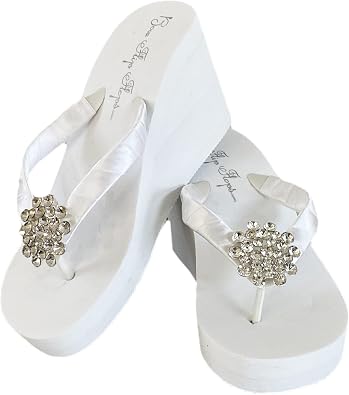 Jewel Rhinestone Flip Flops in Ivory or White, High Platform 3.5 Inch, Low Ivory or Flat