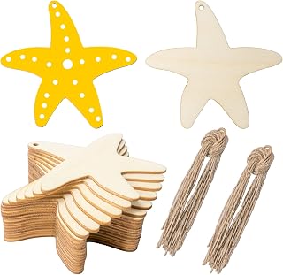 Unfinished Starfish Wooden Tag Hanging Wood Sea Animals Wood Cutout Blank Wood Slices Wooden Tags with Twine for Beach and Nautical Decor Christmas Holiday Wedding Birthday Party Decoration 20 Pcs