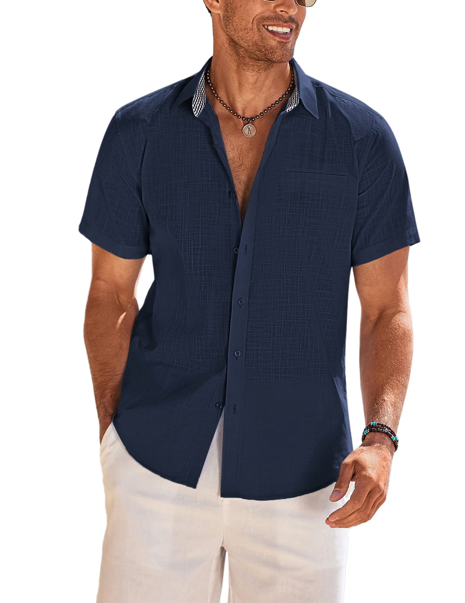 COOFANDY Camisa de Hombre de Manga Corta de Algodón y Lino Camisa de Verano Regular Fit Camisa de Manga Corta sin Plancha Azul Marino L