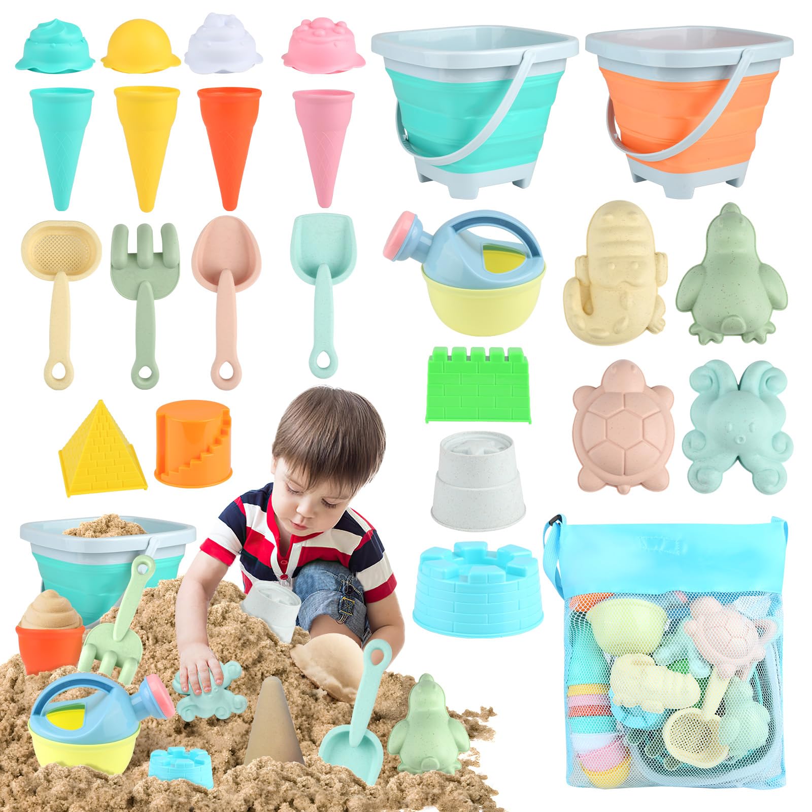25 Piezas Juguetes Playa, Juguetes de Playa Silicona, Reutilizable Set de Playa para Niños con Cubo Plegable, Bolsa de Almacenaje Para Niños y Niñas de 1 2 3 4 5 Años
