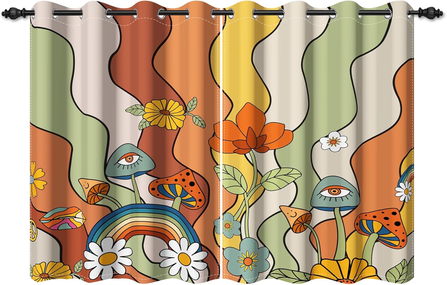 Renaiss Groovy Eye Mushrooms Window Curtains Boho Rainbow Daisy Flowers Decorative Blackout Drapes Peace and Love Grommet Window Treatments for Kitchen Bedroom Living Room 52x84 Inches x 2 Panels