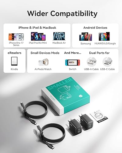 Miniatura 9 de INIU Paquete de 2 cargadores tipo C de 30 W de carga rápida y cable INIU USB C a USB C (6.6 pies + 6.6 pies), cable de carga rápida tipo C de 240 W