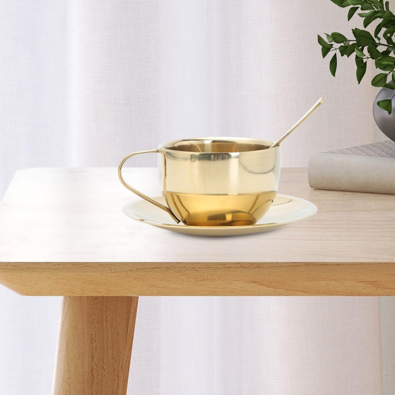 ARTIBETTER Household Mug Cup Set with Spoon and Saucer Golden Stainless Steel Coffee Cup for Espresso Latte Cappuccino Tea Juice Home Kitchen Use