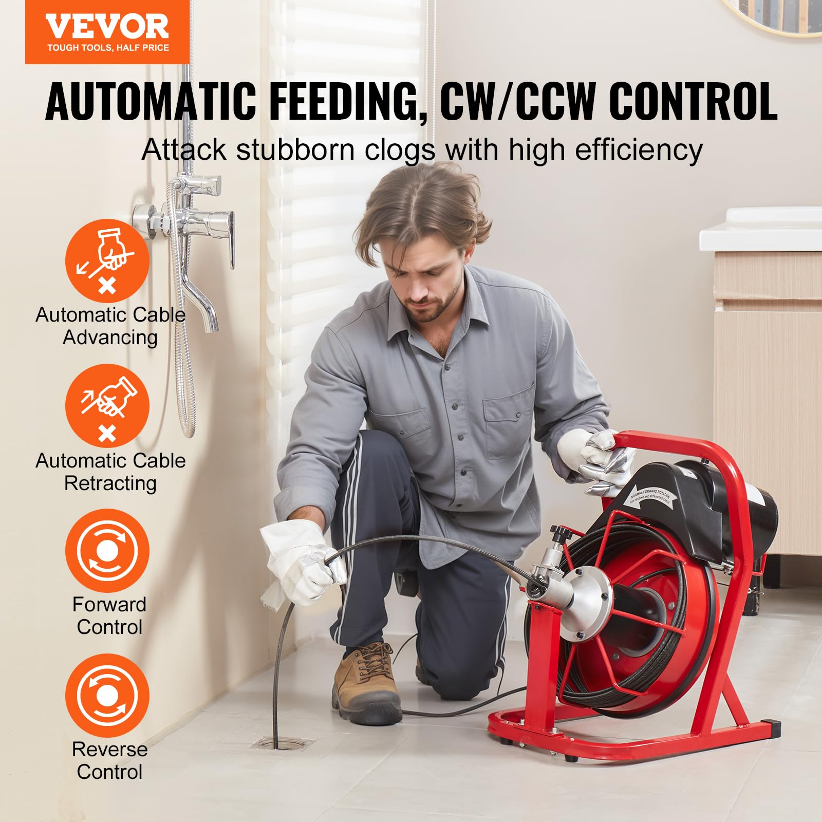 VEVOR Automático50FT 3/8IN 1700rpmAbierto Desbloqueador de Tuberías